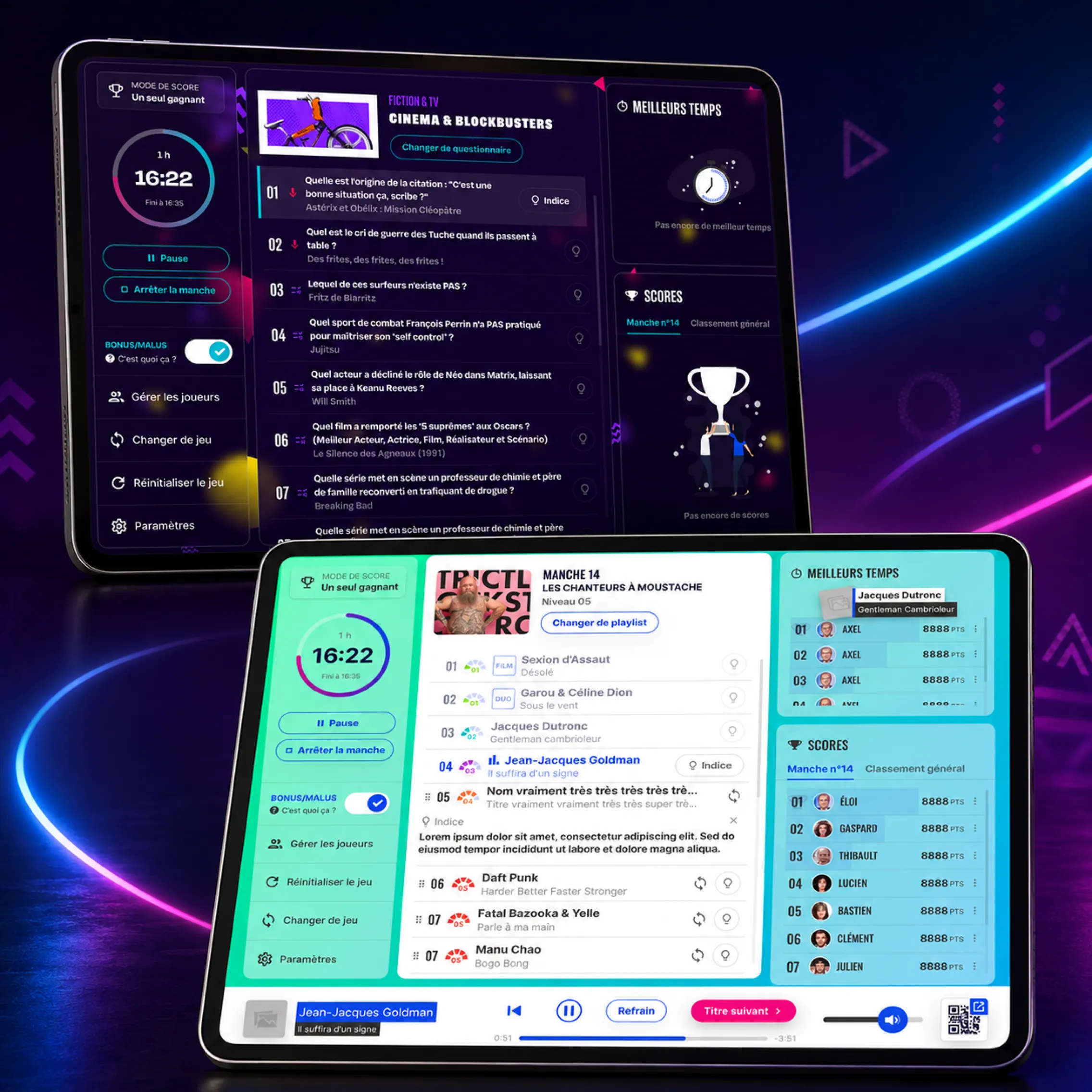 Le dashboard animateur sur iPad : question en cours, minuteur, liste des manches, scores et meilleurs temps