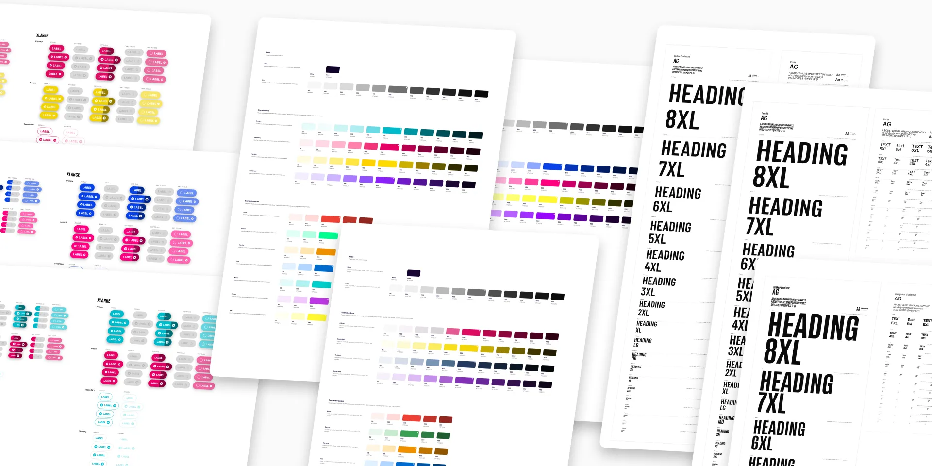Planches de fondations d’un design system : typographie, spacing, champs de formulaire, cases à cocher, onglets et calendrier
