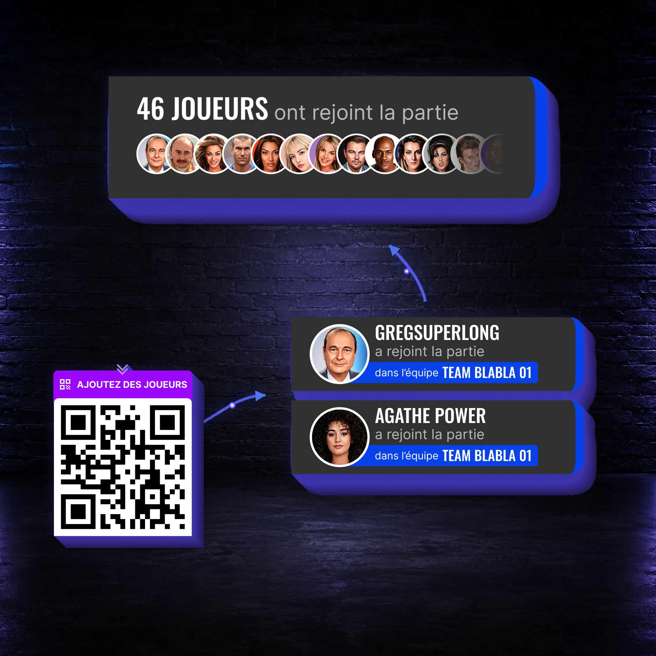 Écran annonçant « 46 joueurs ont rejoint la partie », avec le QR code d’ajout et les arrivées de nouveaux joueurs