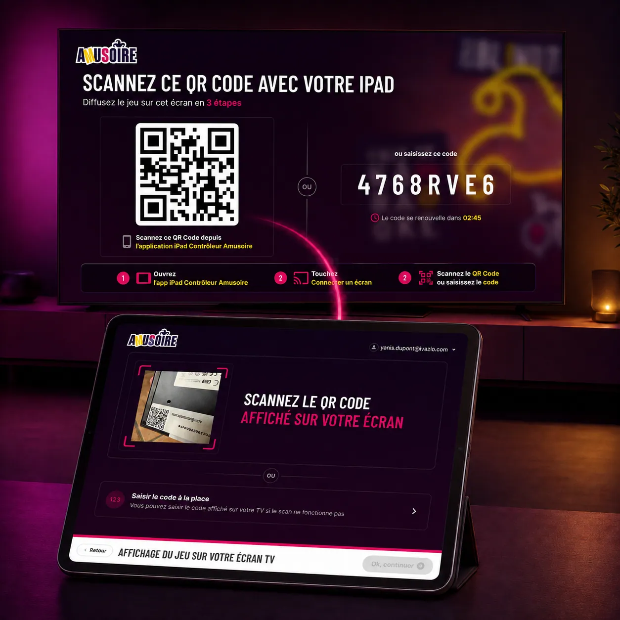 Écran d’installation du kit : QR code et code à saisir depuis l’iPad contrôleur, et l’écran correspondant sur la tablette