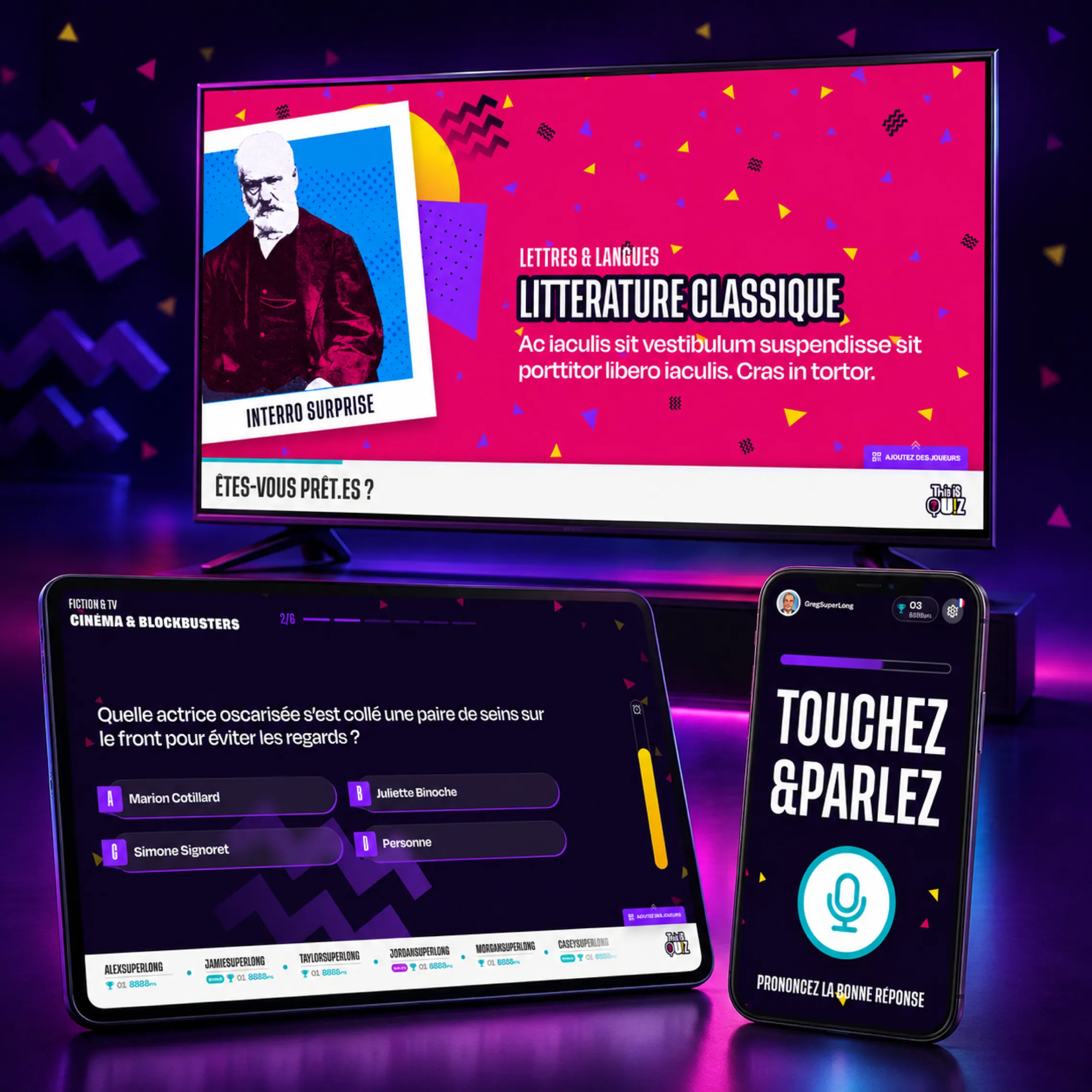 Une question de littérature classique sur l’écran TV, les propositions de réponse sur la tablette et le mode « Touchez & parlez » sur mobile