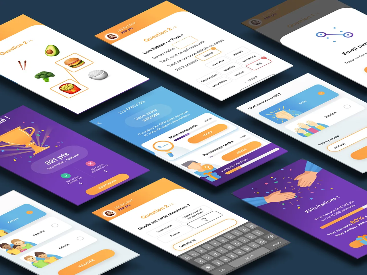 Écrans de l'application de mini-jeux et quiz Billgame
