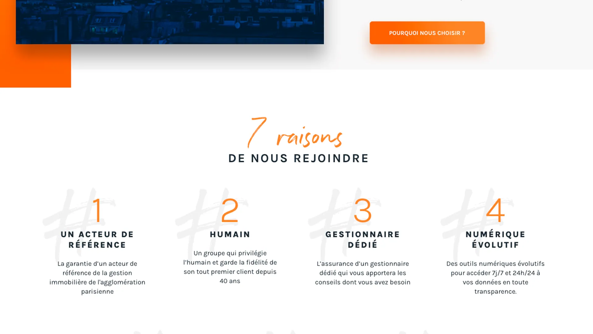 Les sept raisons de rejoindre le cabinet, numérotées en gros chiffres orangés