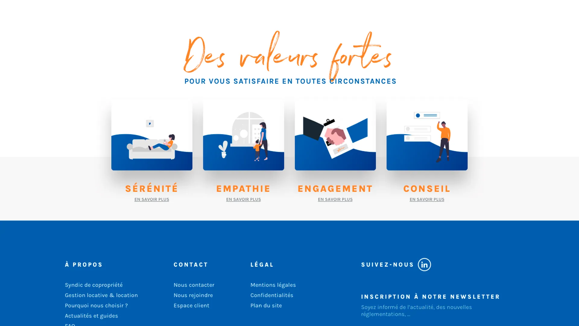 La section des valeurs — sérénité, empathie, engagement, conseil — chacune portée par une illustration bleue et blanche