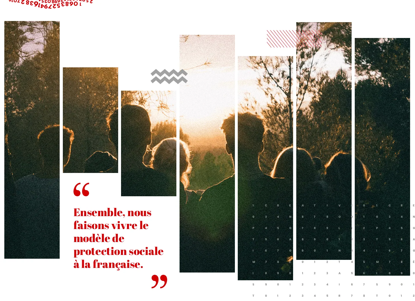 Une photographie de contre-jour découpée en bandes verticales décalées, accompagnée d'une citation en rouge