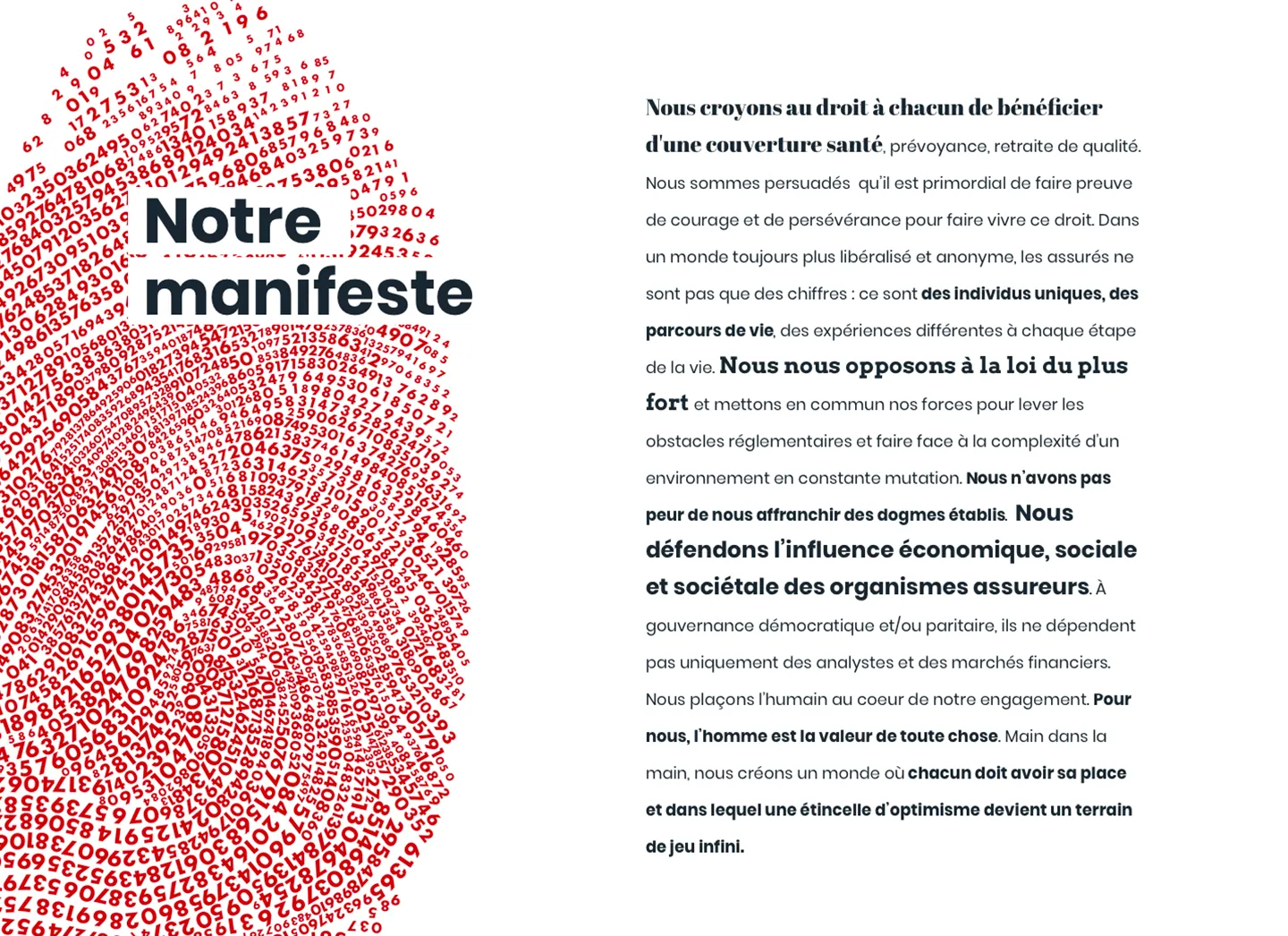 La page manifeste : une empreinte digitale composée de chiffres rouges, face au texte du manifeste