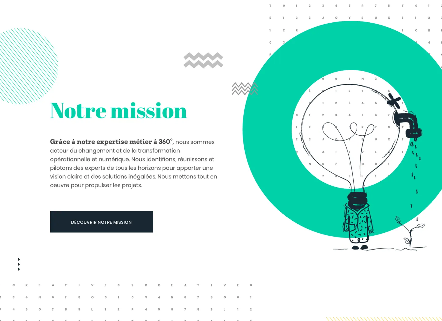 La page mission : titre en menthe, illustration d'un personnage arrosé par un robinet dans un disque vert