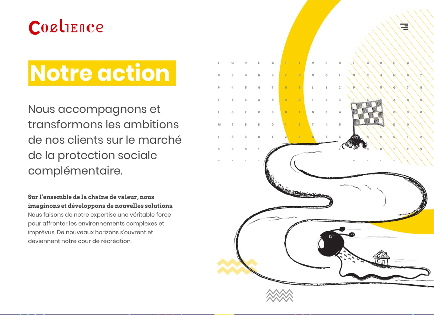 La page action : titre surligné de jaune et illustration d'un chemin sinueux menant à un drapeau d'arrivée