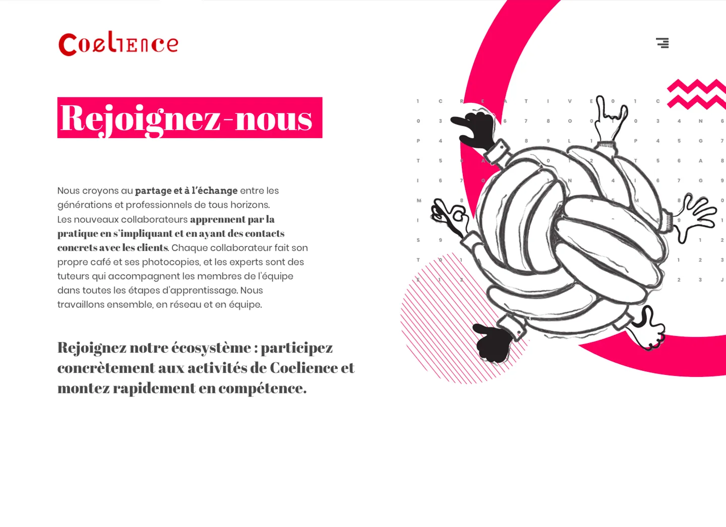 La page recrutement : titre surligné de rose et illustration d'un personnage emmêlé sur lui-même