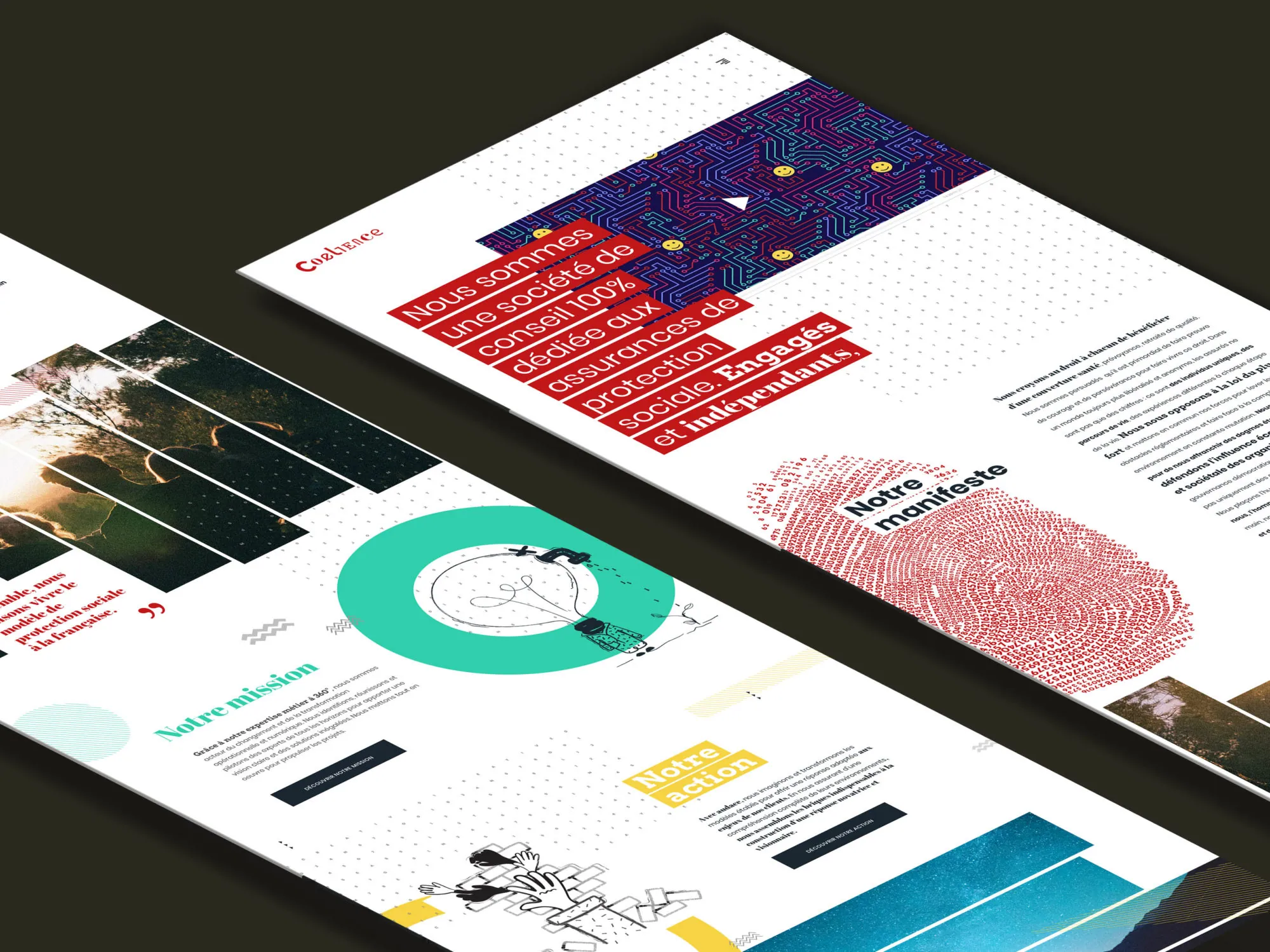 Deux pages du site Coelience en perspective : le manifeste sur fond de circuit imprimé et la page mission