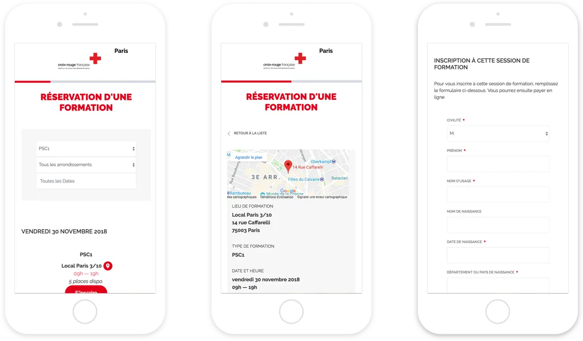 Trois écrans mobiles : la recherche de sessions, le détail d'une session avec sa carte, et le formulaire d'inscription