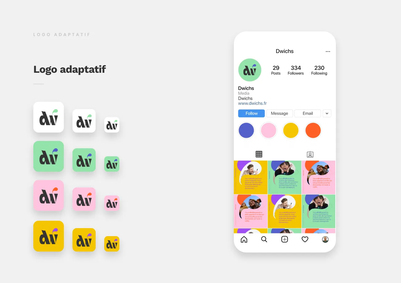 La planche du logo adaptatif : le monogramme décliné en quatre couleurs et trois tailles, et le profil Instagram correspondant