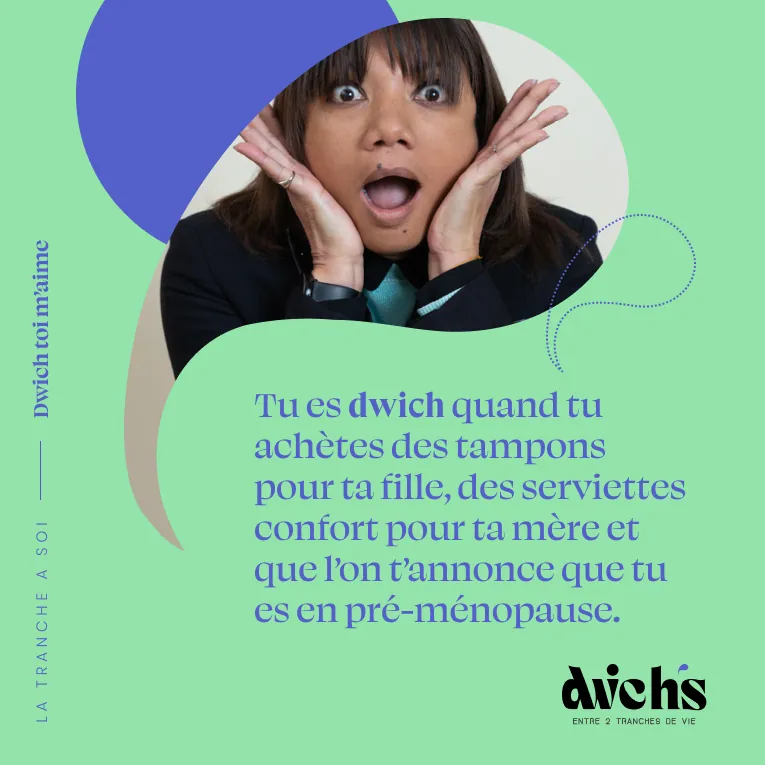 Un post de la rubrique « la tranche à soi » : fond vert d'eau, photo détourée et citation en bleu-violet