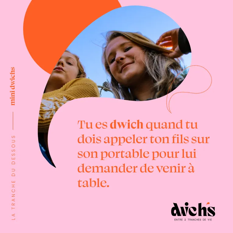 Un post « mini dwichs » sur fond rose : photo détourée en forme organique et citation en orange