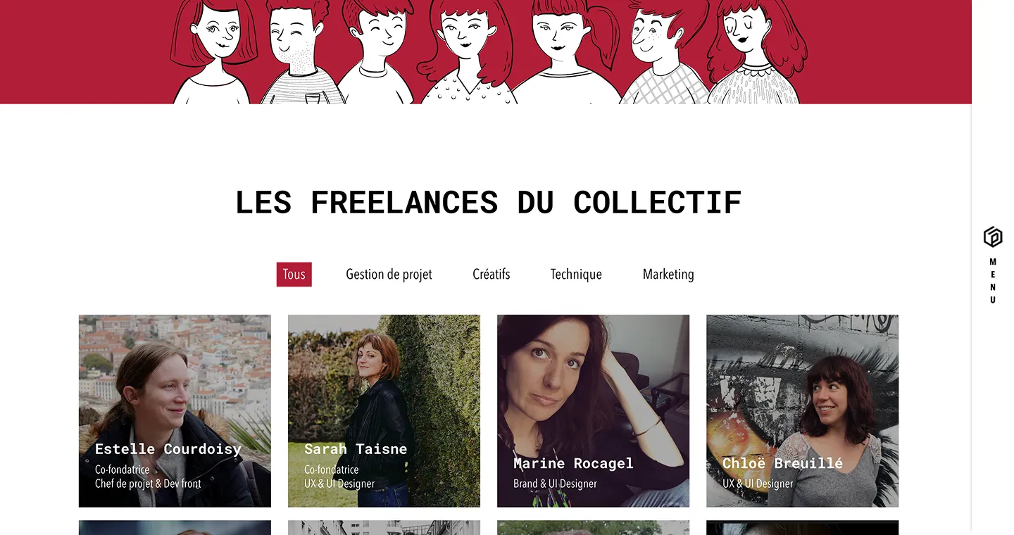 La page des freelances du collectif : portraits en grille, filtrables par gestion de projet, créatifs, technique et marketing