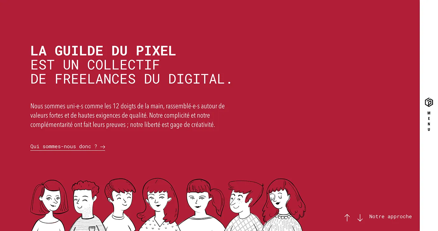 La page de présentation du collectif sur fond framboise, avec une frise de personnages dessinés au trait