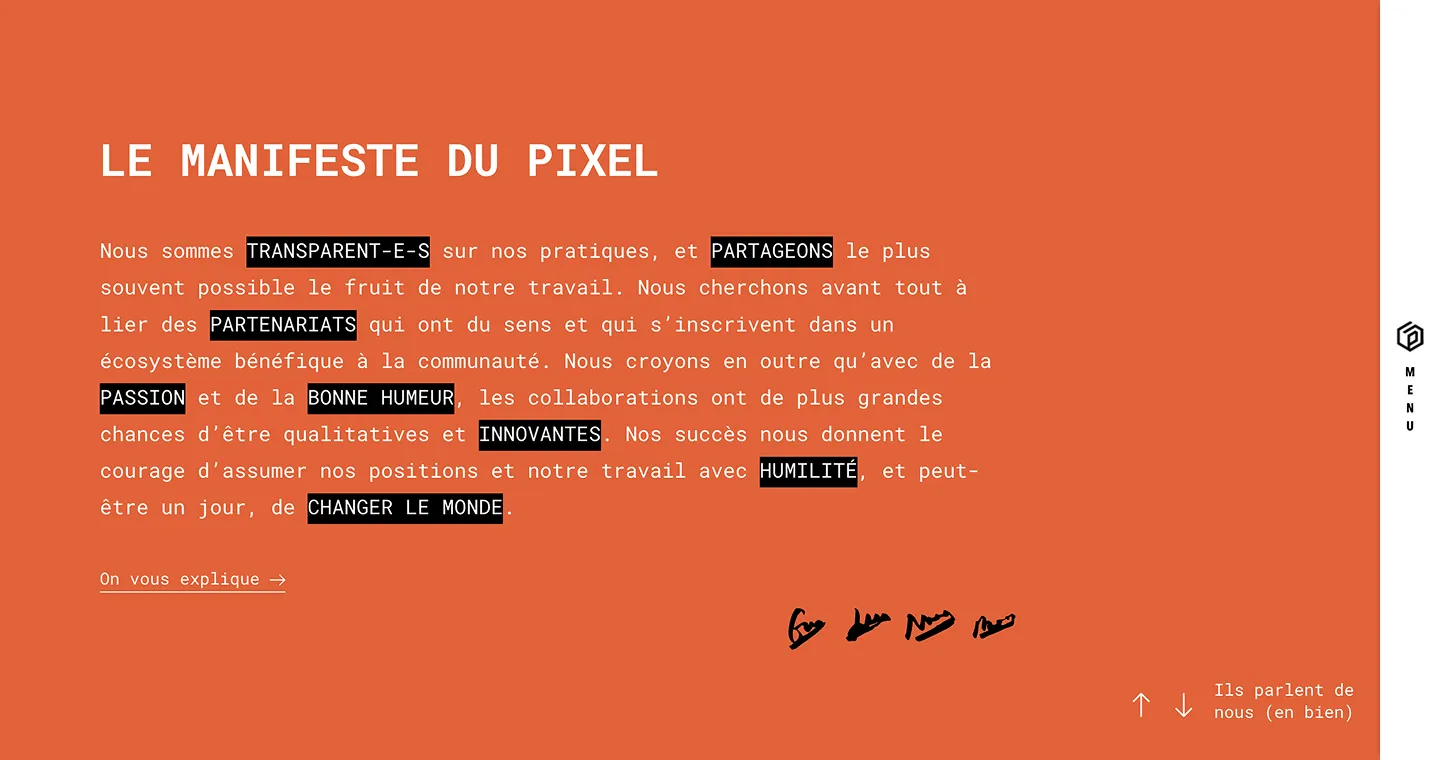Le Manifeste du Pixel sur fond orange, où les mots-clés sont surlignés en noir