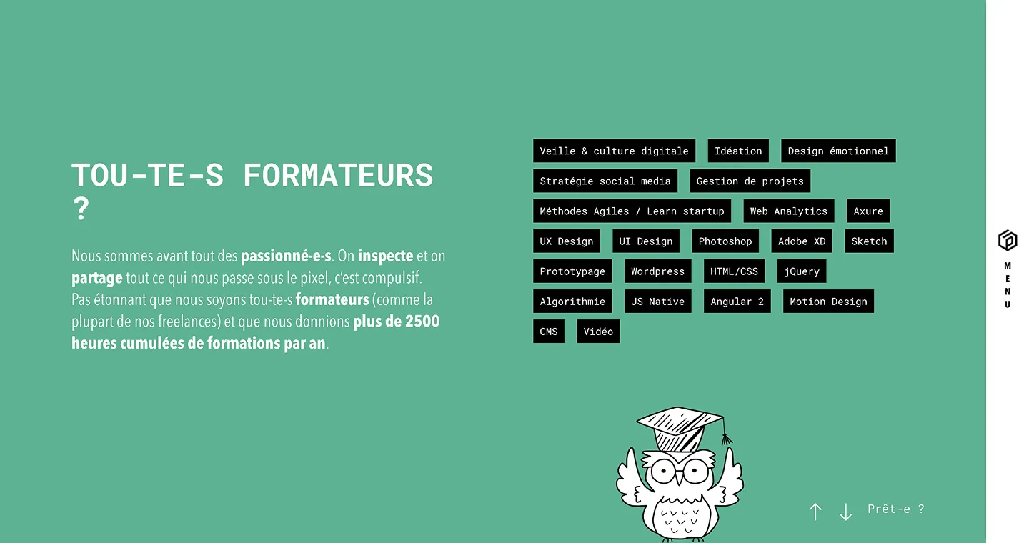 La page formation sur fond vert : un nuage de compétences en étiquettes noires et un personnage dessiné en toque de diplômé