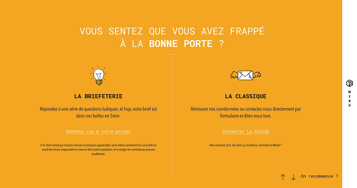 L'écran de contact : les deux voies proposées côte à côte, la Briefeterie et la Classique, sur fond jaune