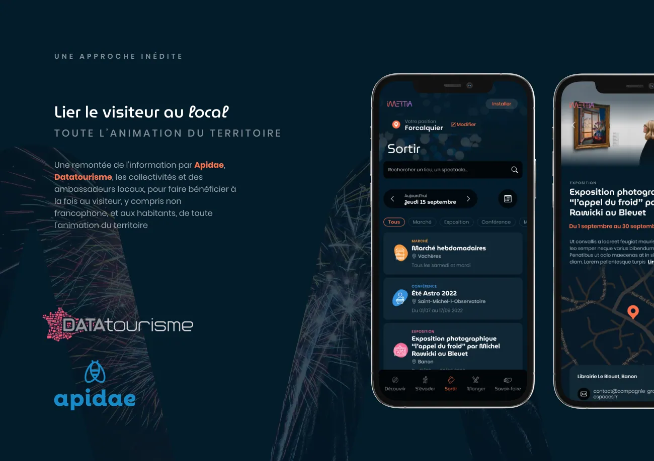 L'agenda des événements de l'application, avec les logos des sources de données Apidae et Datatourisme