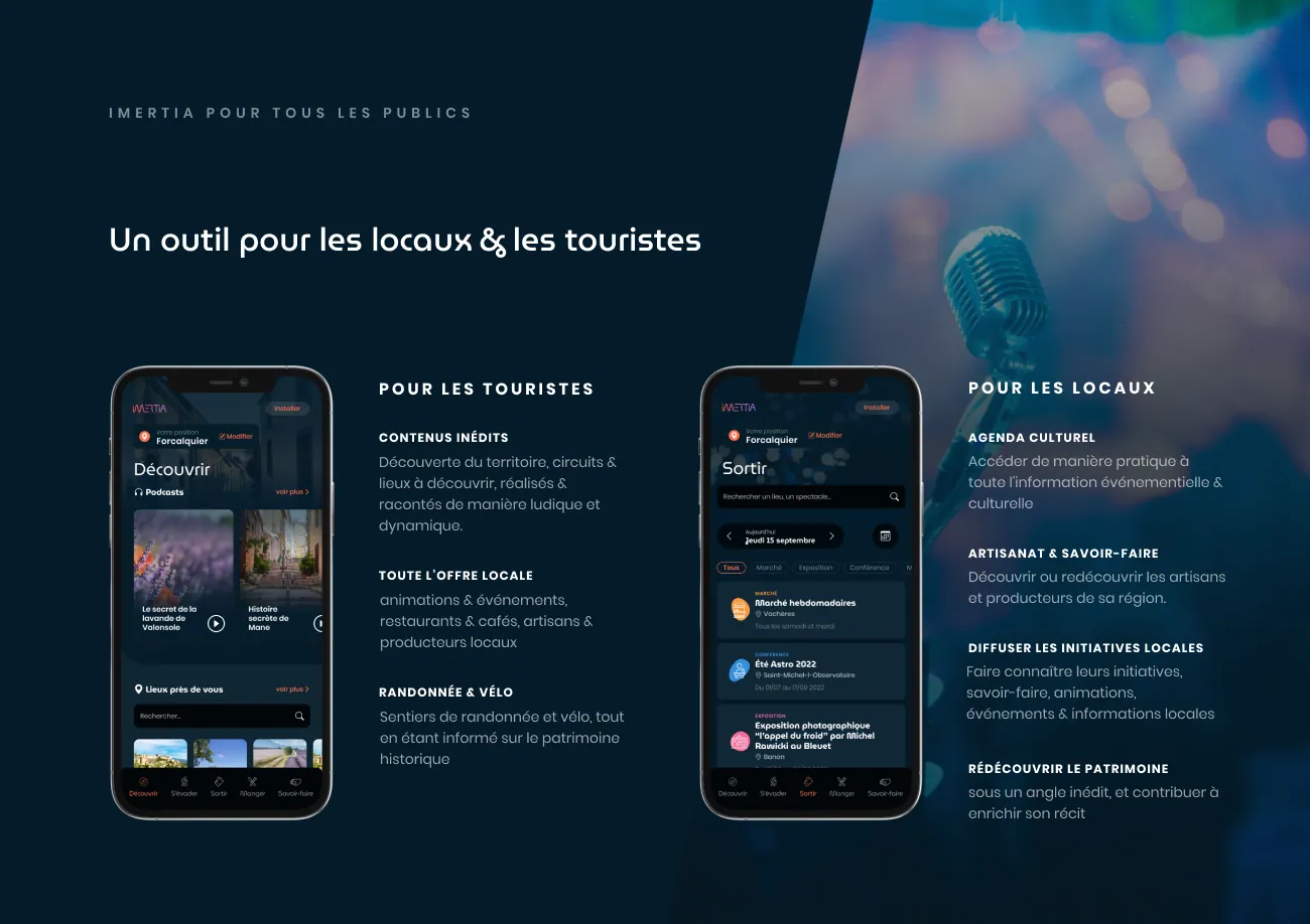 Deux smartphones côte à côte : l'écran Découvrir pour les touristes et l'écran Sortir pour les habitants