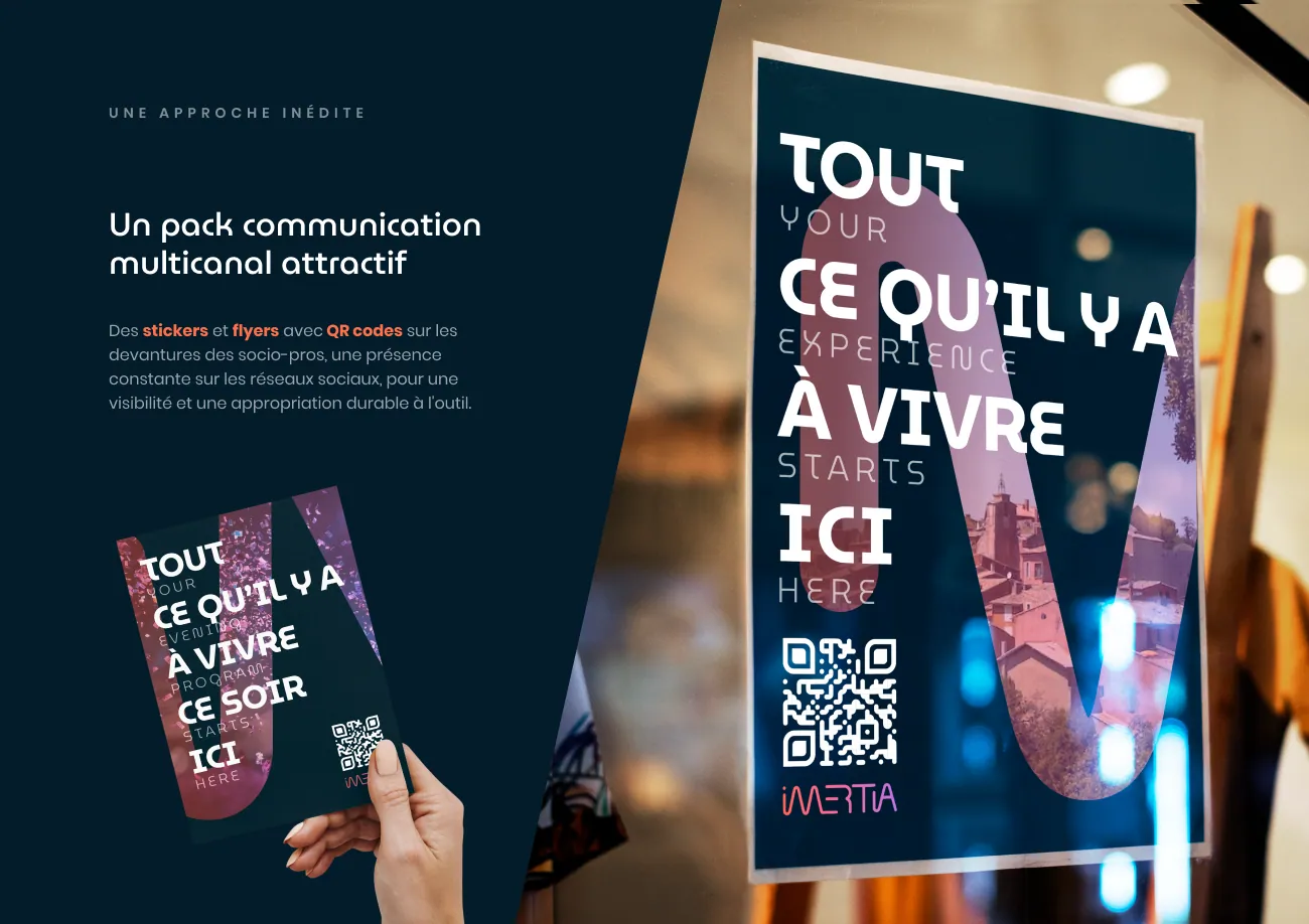 Une affiche Imertia avec QR code collée en vitrine, et un flyer tenu en main