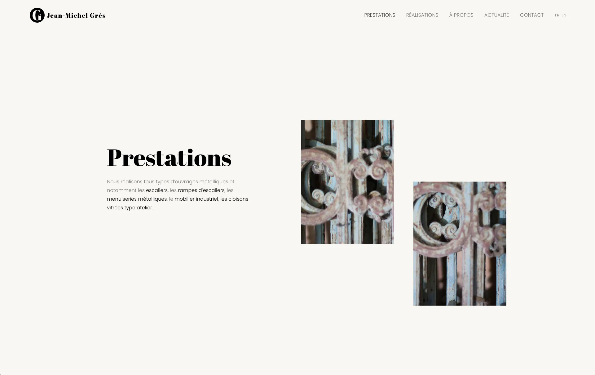 La page prestations : titre en didone, photographies de ferronnerie ancienne en pleine hauteur