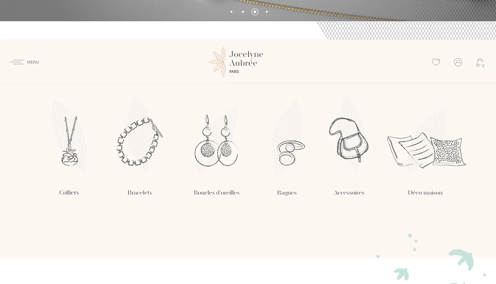 Les six familles de bijoux illustrées au trait : colliers, bracelets, boucles d'oreilles, bagues, accessoires, déco