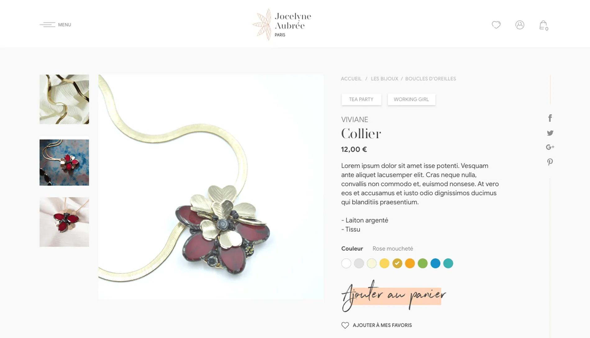 La fiche produit d'un collier : grande photo, vignettes de détail, nuancier de couleurs et bouton d'achat manuscrit