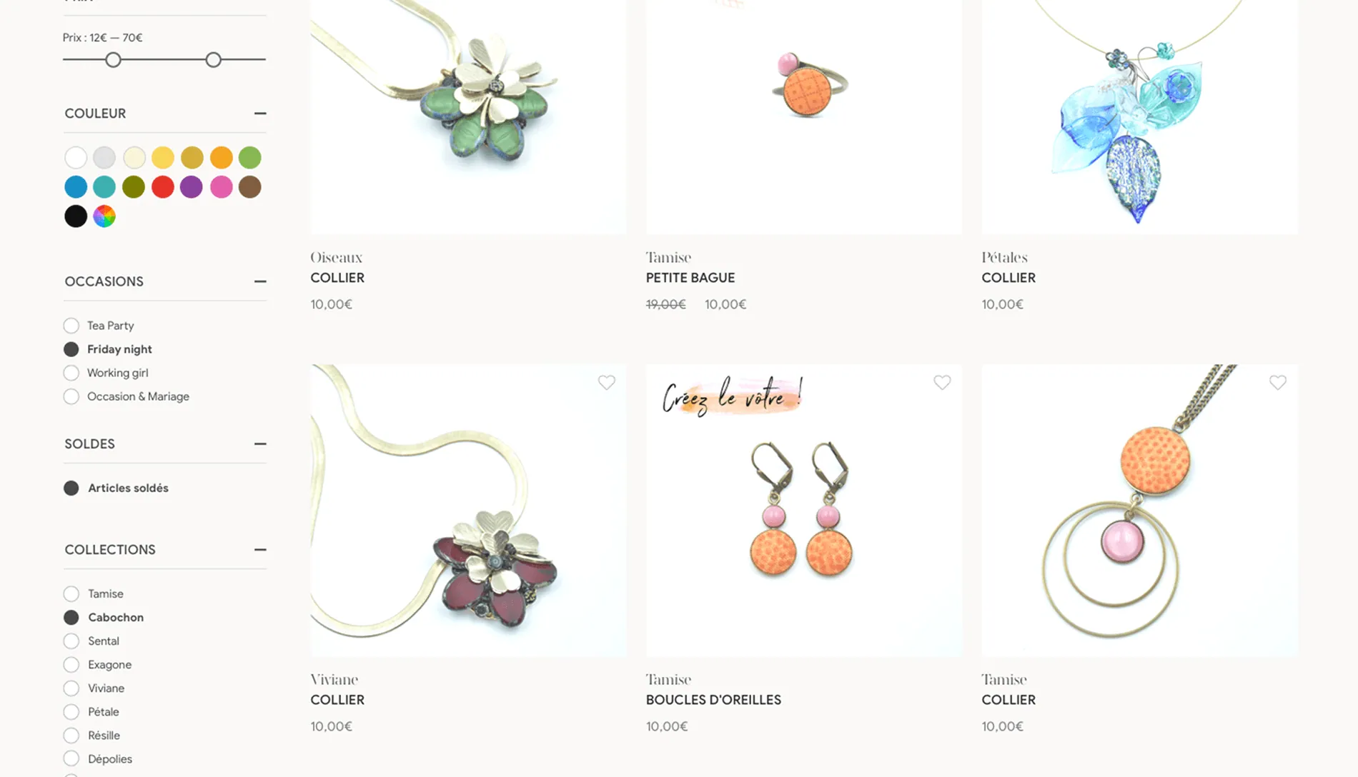 Le listing de la boutique avec ses filtres par couleur, occasion et collection