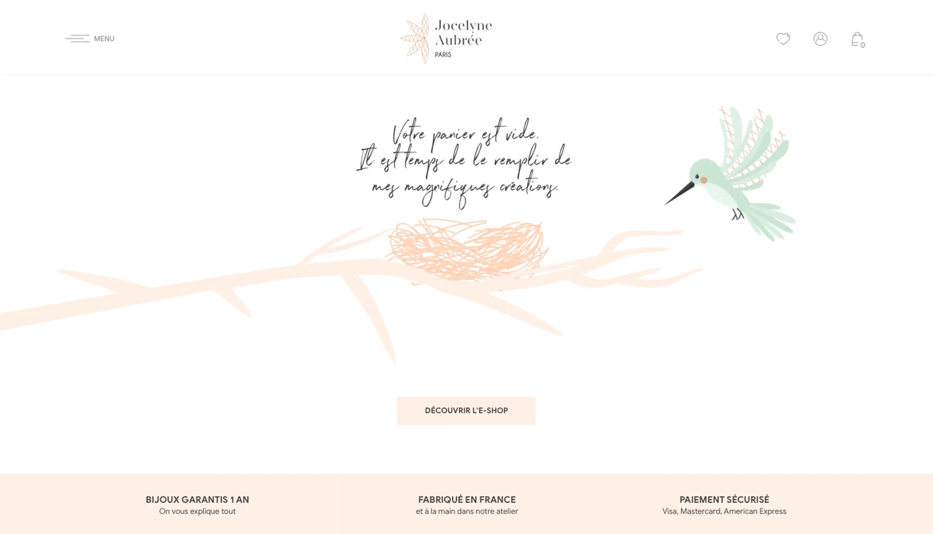 La page panier vide : un colibri dessiné apporte une perle à son nid, sous un message manuscrit