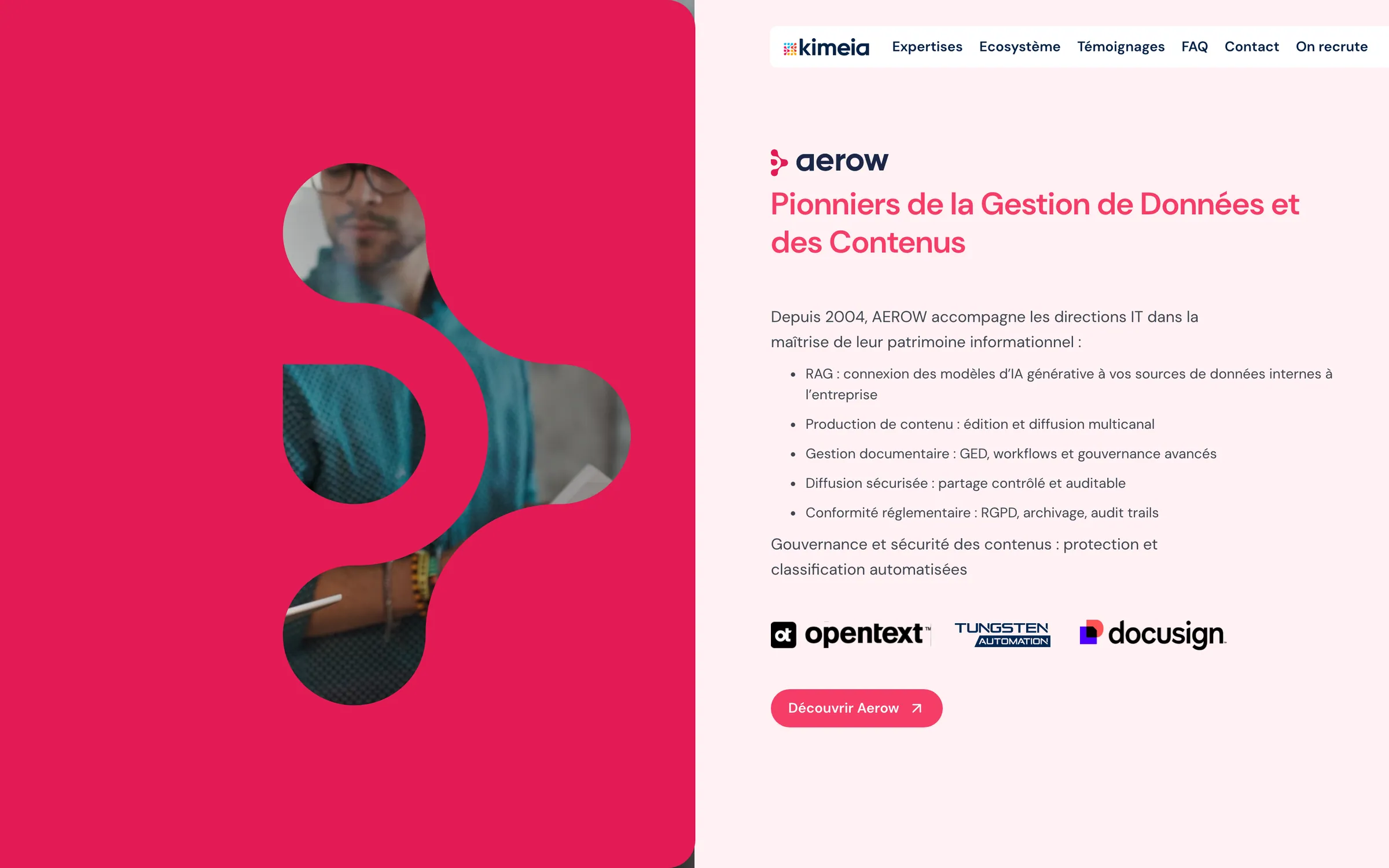 Panneau Aerow : masque magenta sur fond rose pâle, gestion de données et de contenus