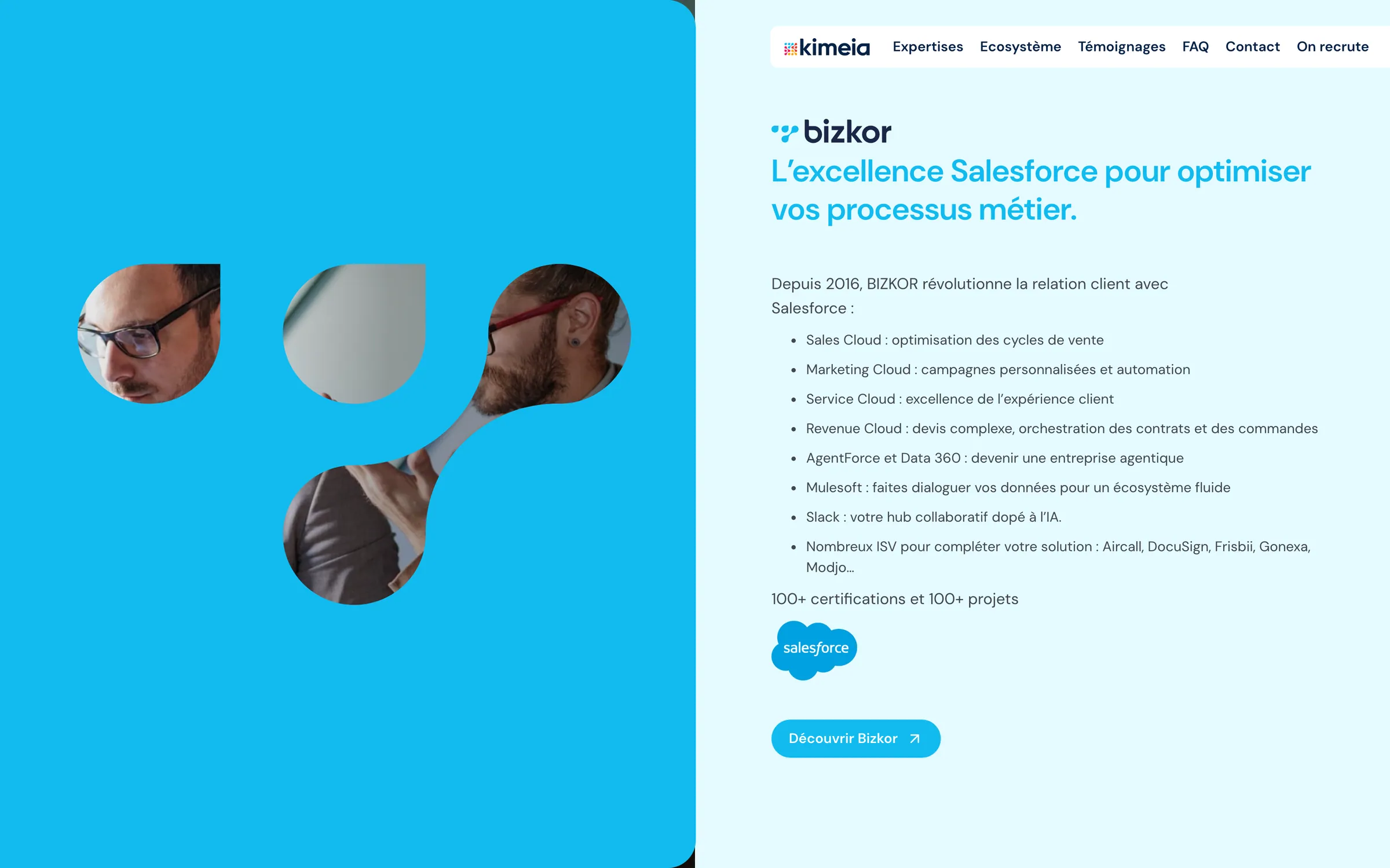 Panneau Bizkor : masque cyan sur fond bleu très clair, expertise Salesforce