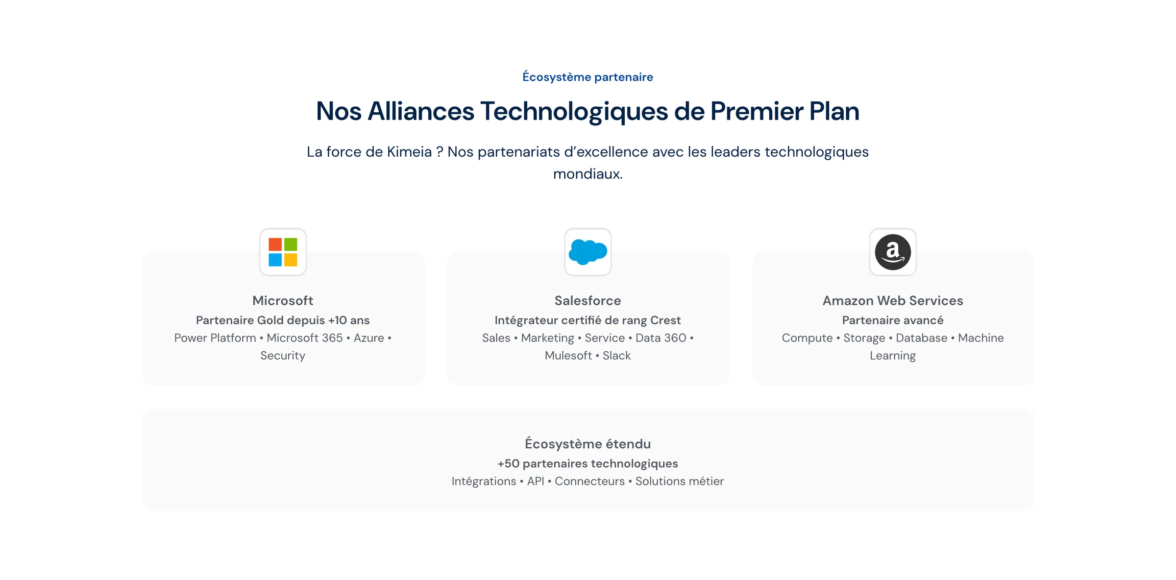 Le bloc « Nos Alliances Technologiques de Premier Plan » : cartes Microsoft, Salesforce et Amazon Web Services