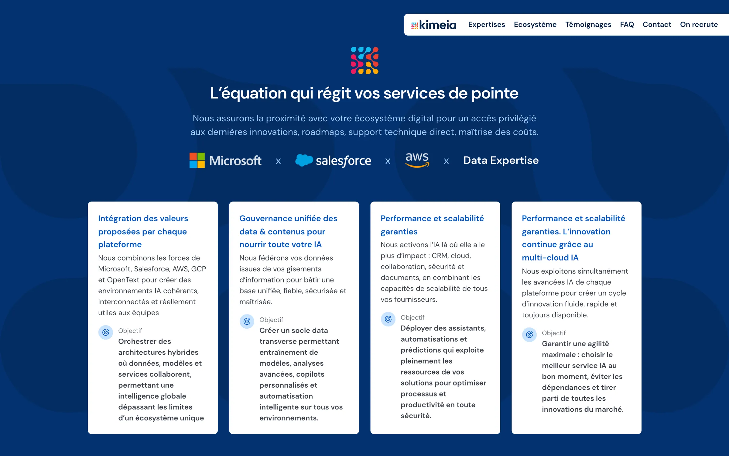 Le bloc « L'équation qui régit vos services de pointe » : le monogramme, les logos partenaires et quatre cartes blanches sur fond marine
