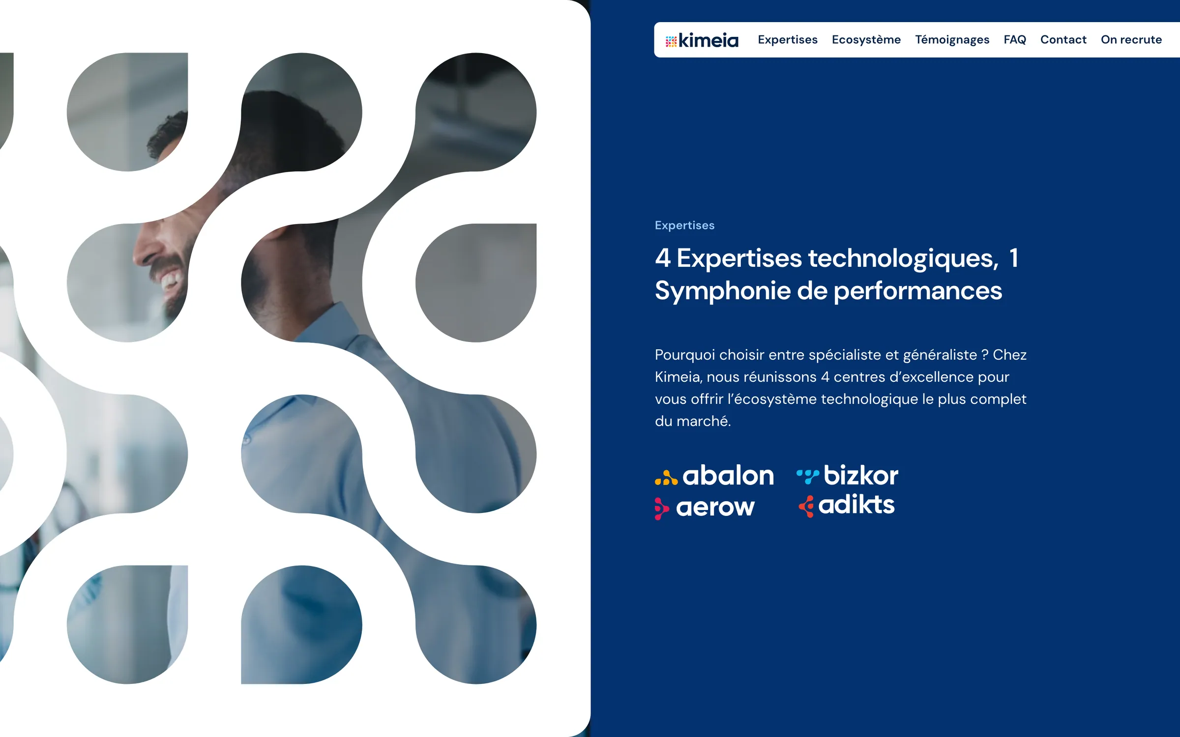 Le panneau « 4 Expertises technologiques, 1 Symphonie de performances », avec les quatre logos Abalon, Aerow, Bizkor et Adikts