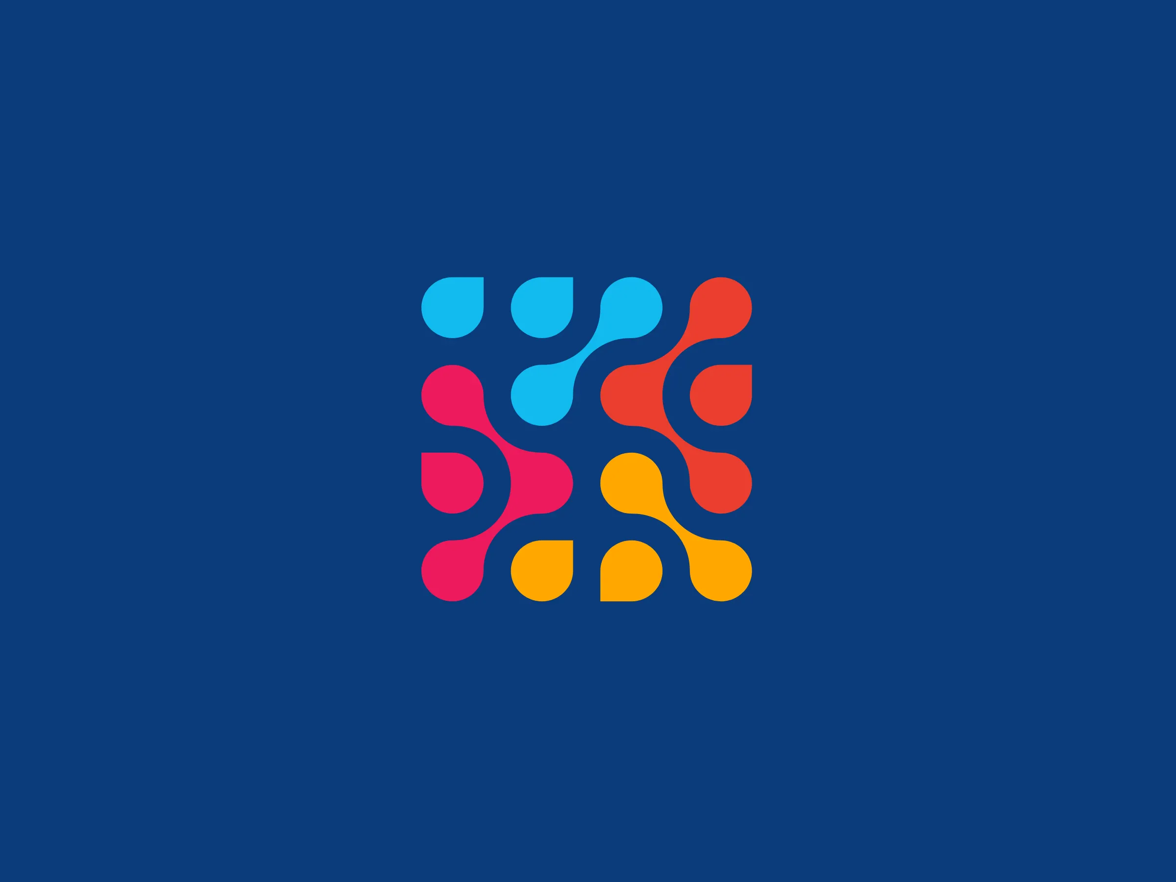 Le monogramme de Kimeia : une grille de quatre par quatre pastilles en cyan, magenta, rouge et ambre, dont certaines fusionnent en liaisons
