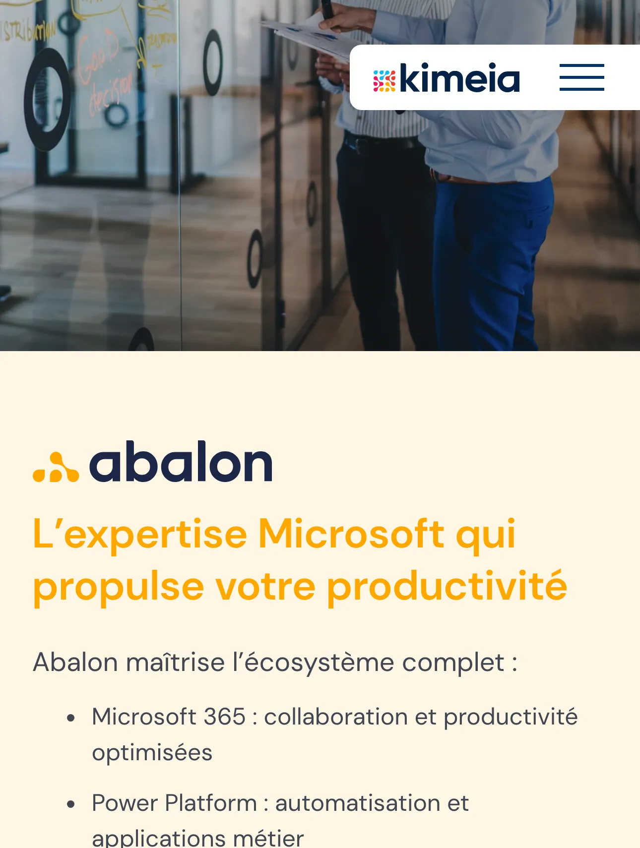 Le panneau Abalon sur mobile : la photographie occupe toute la largeur sans découpe, le bloc de couleur et le texte passent dessous