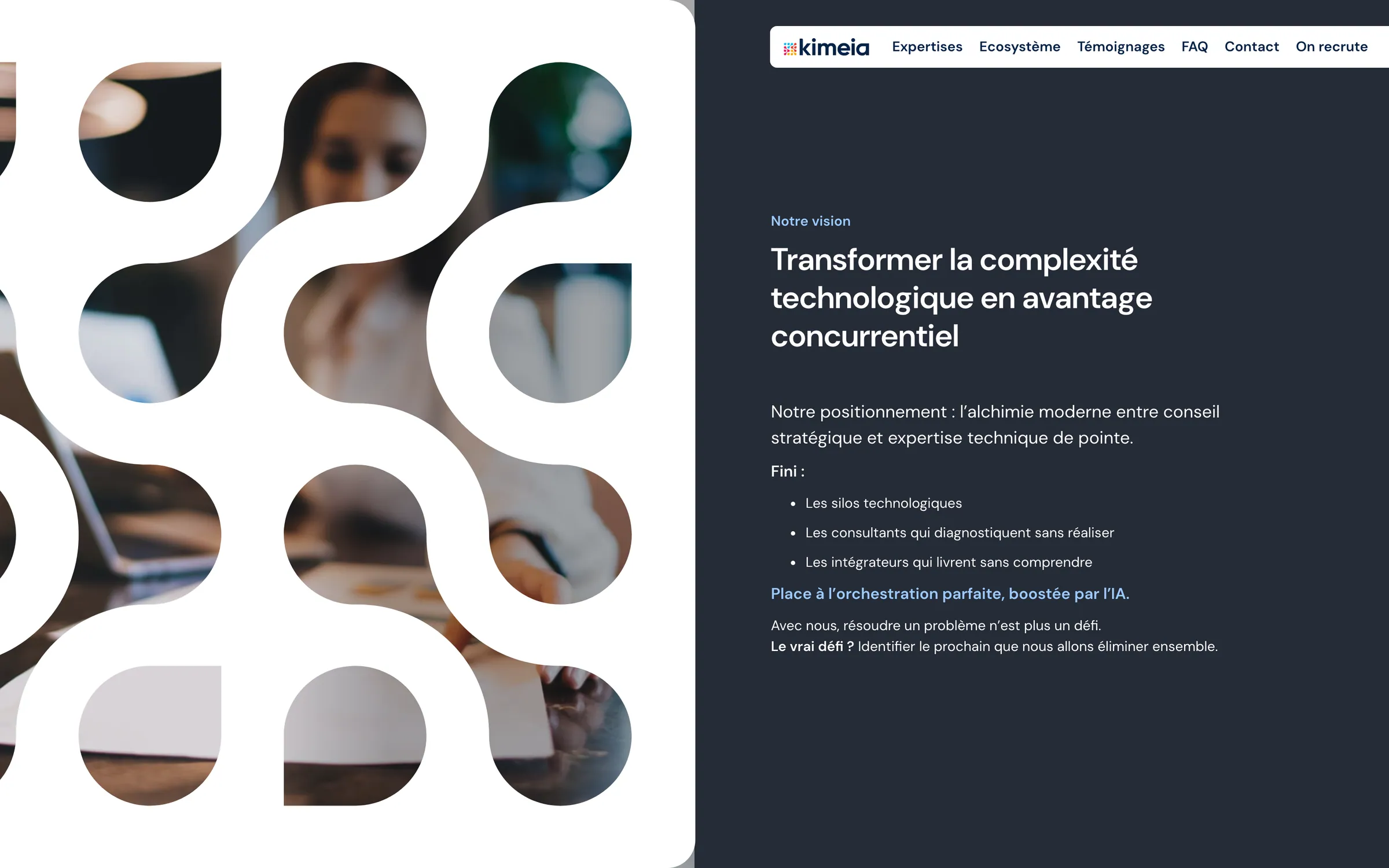 Le panneau « Notre vision » sur fond gris ardoise : transformer la complexité technologique en avantage concurrentiel