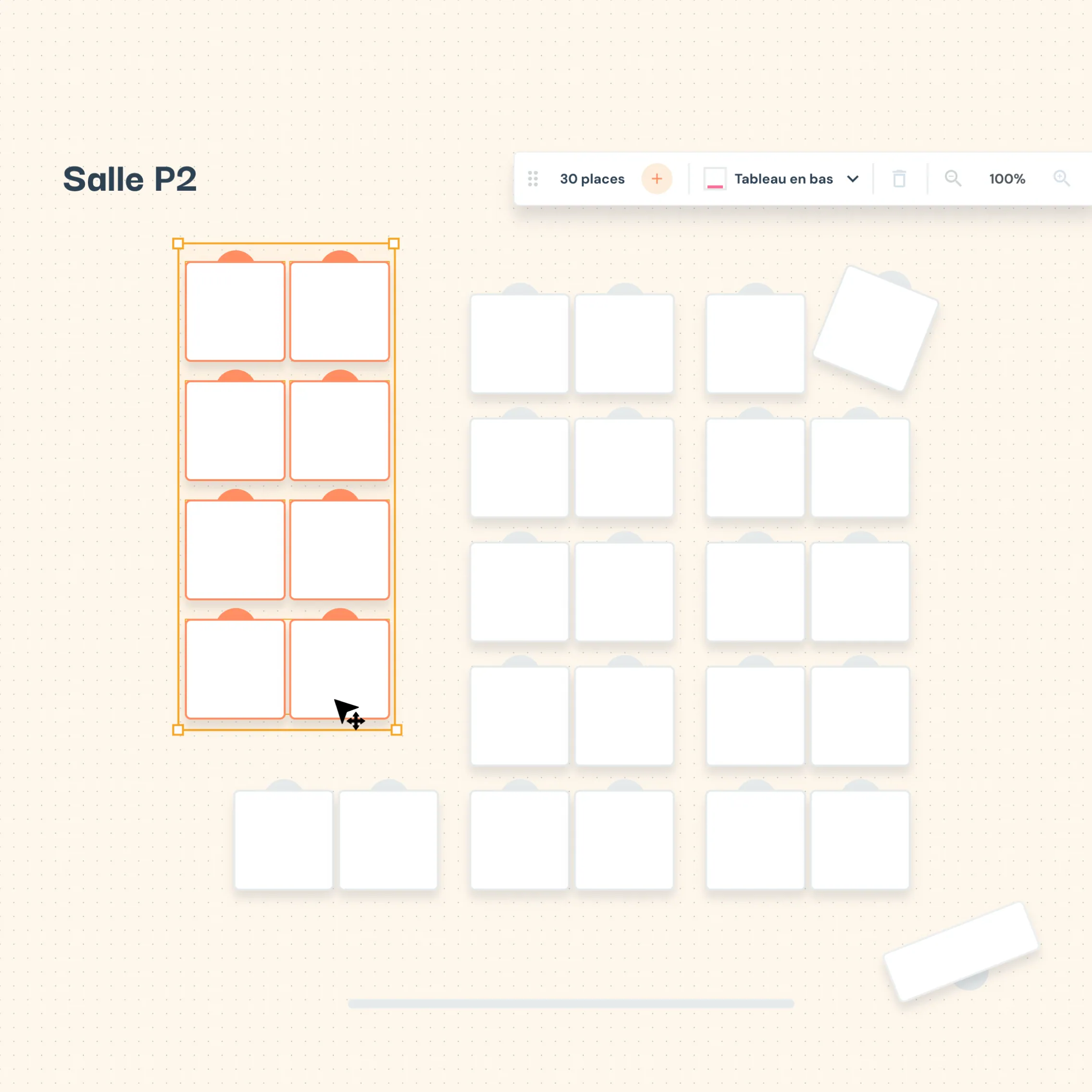 Éditeur de salle : tables déplaçables et pivotables, sélection multiple d’un îlot, nombre de places et position du tableau