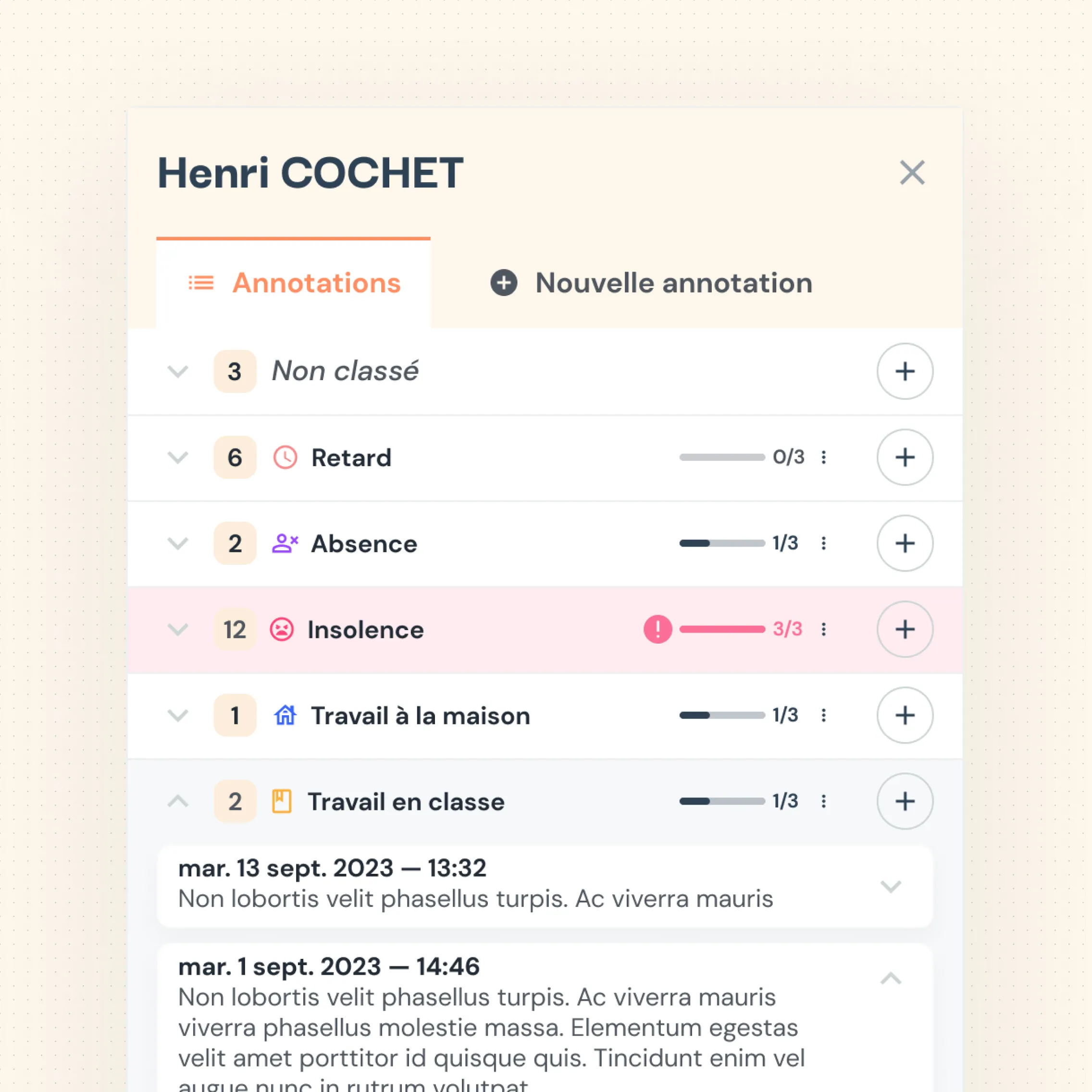 Fiche élève : annotations regroupées par type — retard, absence, insolence, travail — avec seuils d’alerte