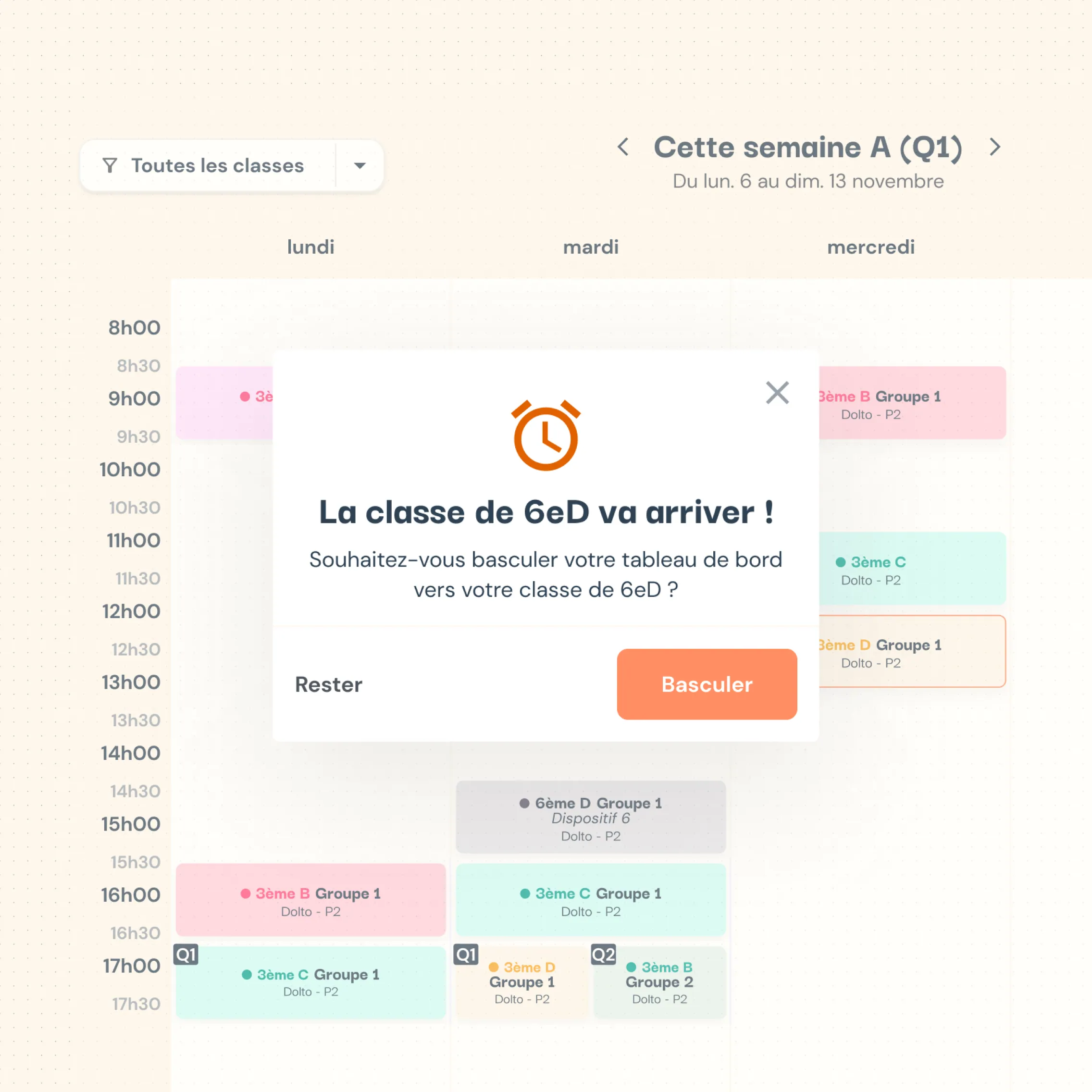 Emploi du temps de la semaine et bascule automatique du tableau de bord vers la classe suivante