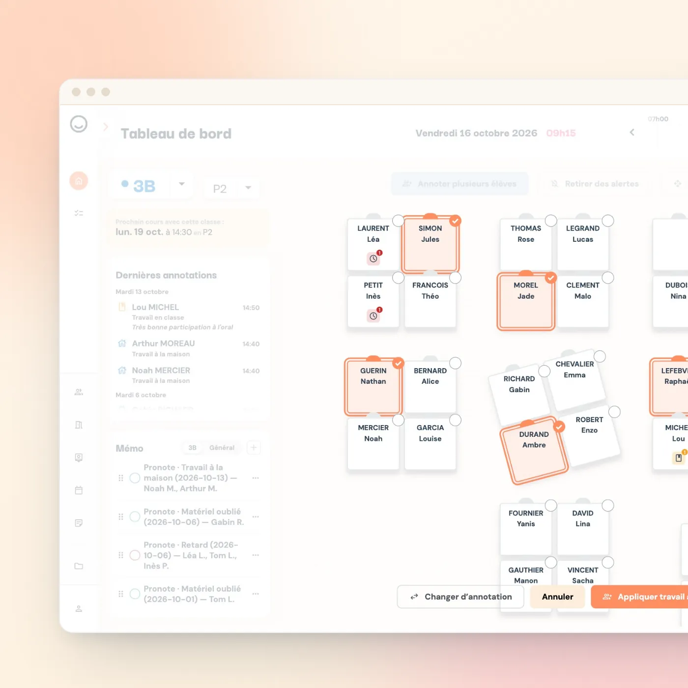 Plan de classe en mode annotation multiple, cinq élèves sélectionnés et le bouton « Appliquer travail à la maison à 5 élèves »