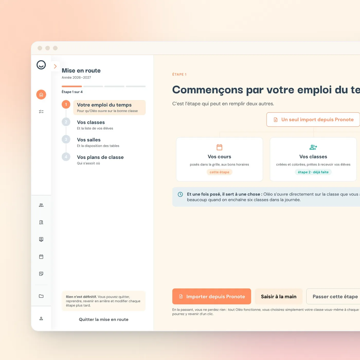Assistant de mise en route en quatre étapes : emploi du temps, classes, salles, plans de classe