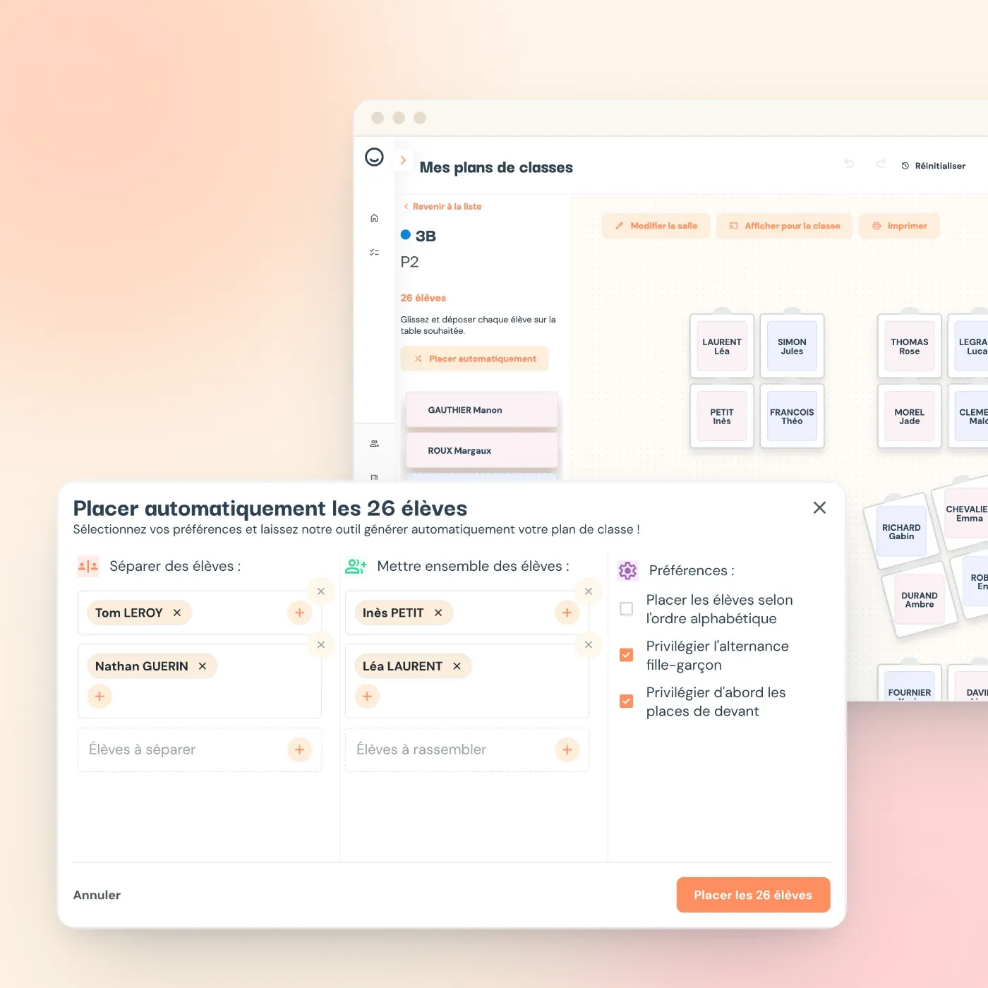 Fenêtre « Placer automatiquement les 26 élèves » avec élèves à séparer, élèves à rassembler et préférences, devant le plan de classe