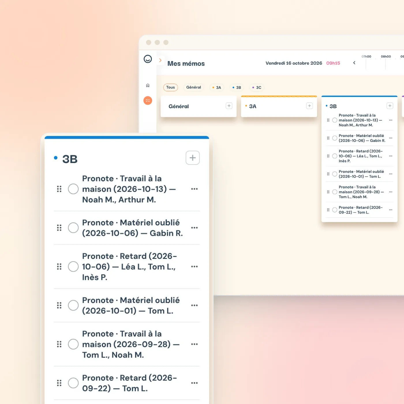 Mémo de la classe 3B listant les annotations à reporter sur Pronote, une tâche par catégorie et par jour avec les noms des élèves
