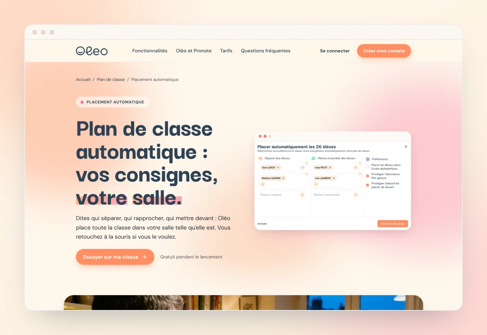 Page « Plan de classe automatique » du site vitrine