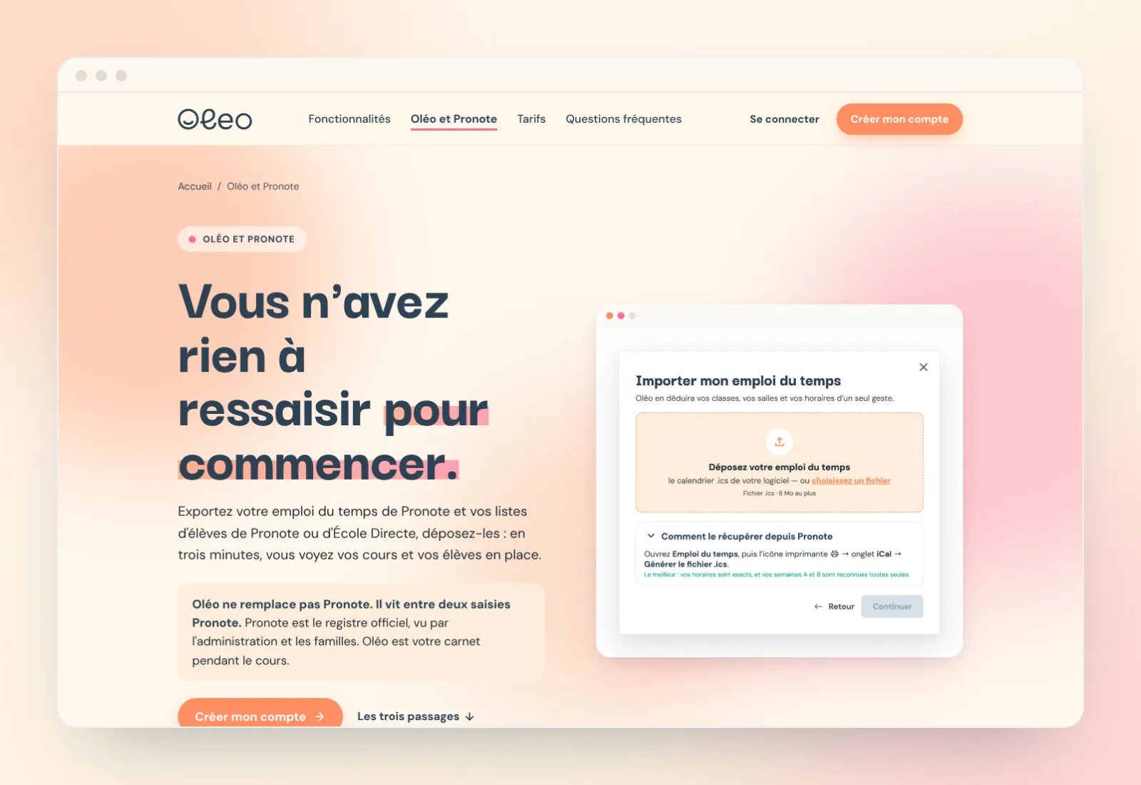 Page « Oléo et Pronote » du site vitrine