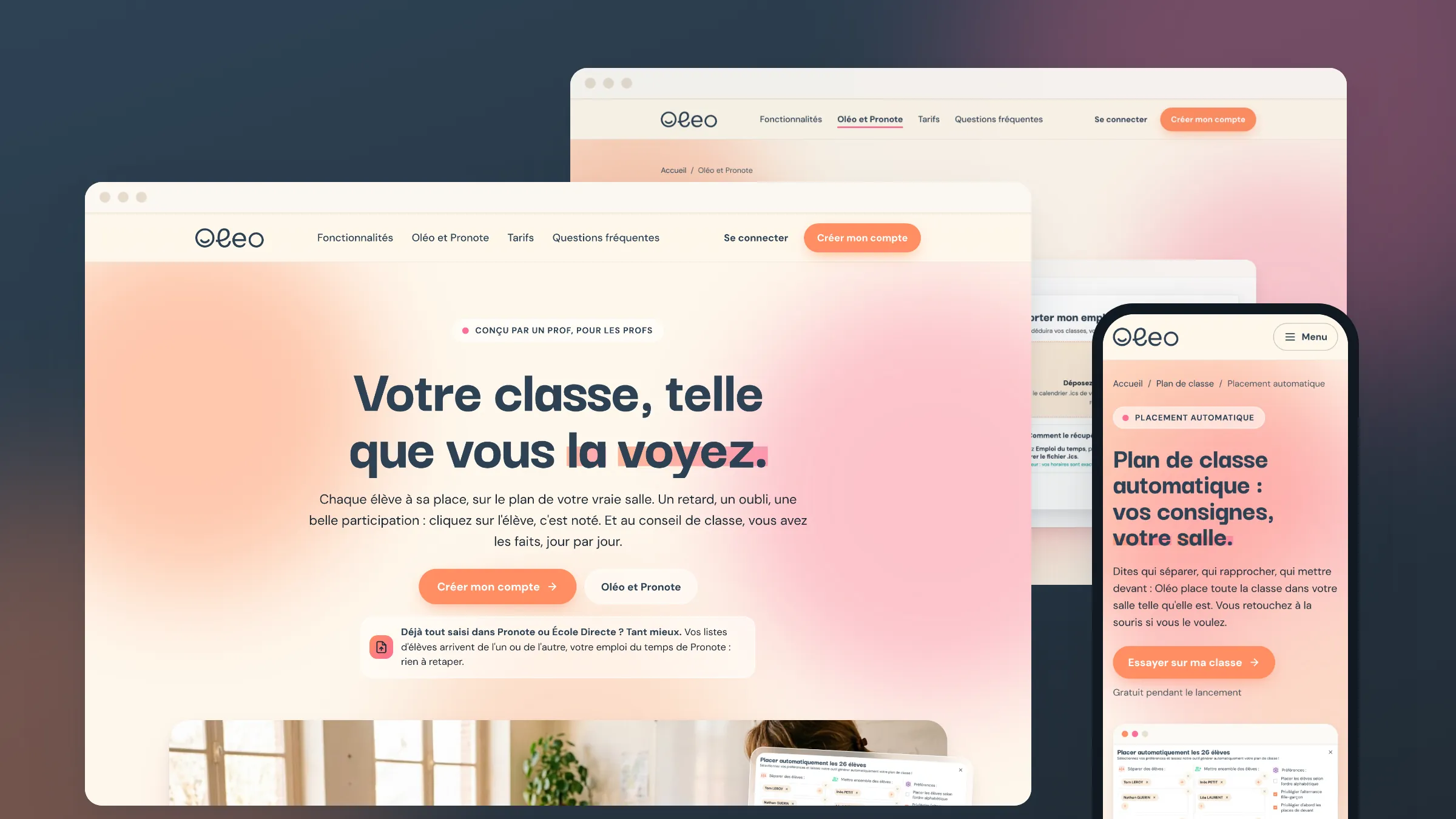 Le site vitrine d’Oléo : la page d’accueil sur ordinateur, la page « Oléo et Pronote » et la page « Placement automatique » sur téléphone