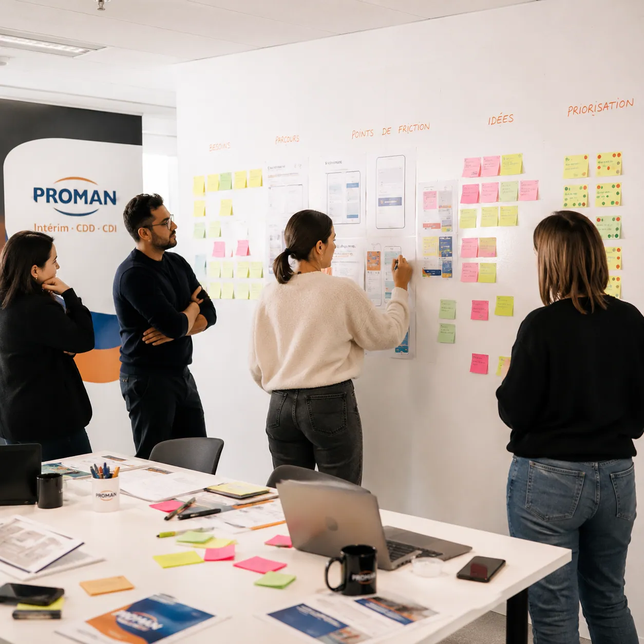 Atelier UX en agence Proman : mur de post-it organisé en colonnes besoins, parcours, points de friction, idées, priorisation